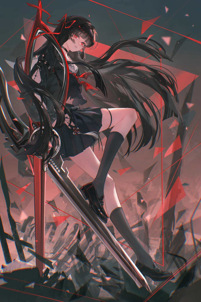 1girl, absurdres, arm_cutout, black_choker, black_hair, black_serafuku, black_shirt, black_shoes