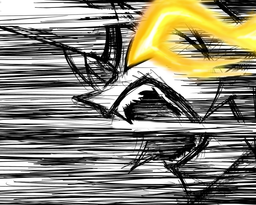 fangs, glowing_eyes, horn, hoshiguma_yuugi, motion_lines, open_mouth, parody, rough