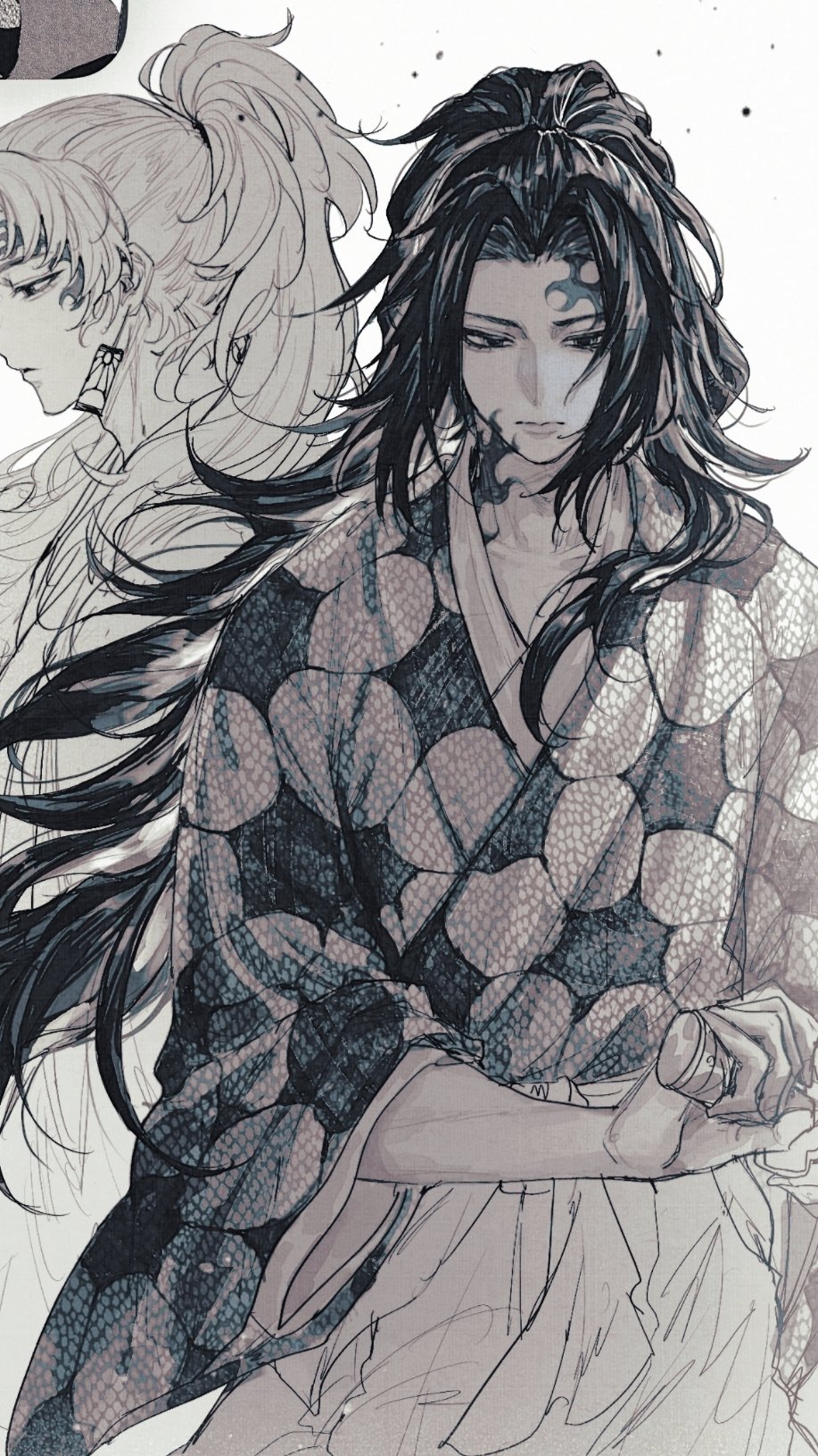 2boys, closed_mouth, collarbone, cowboy_shot, earrings, greyscale, hakama, hanafuda_earrings