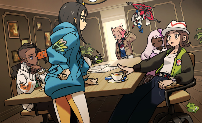 2boys, 3girls, bell-bottoms, black_hair, blonde_hair, brown_hair, commentary_request, dark-skinned_female