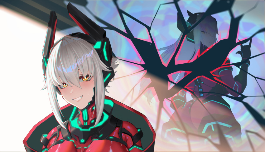 1girl, absurdres, aisurin1st, bodysuit, closed_mouth, commentary, english_commentary, grey_hair, highres, indie_virtual_youtuber, long_hair, looking_at_viewer, power_symbol-shaped_pupils, red_bodysuit, smile, solo, symbol-shaped_pupils, virtual_youtuber, yellow_eyes, zentreya, zentreya_(cyborg), zentreya_(cyborg)_(1st_costume)