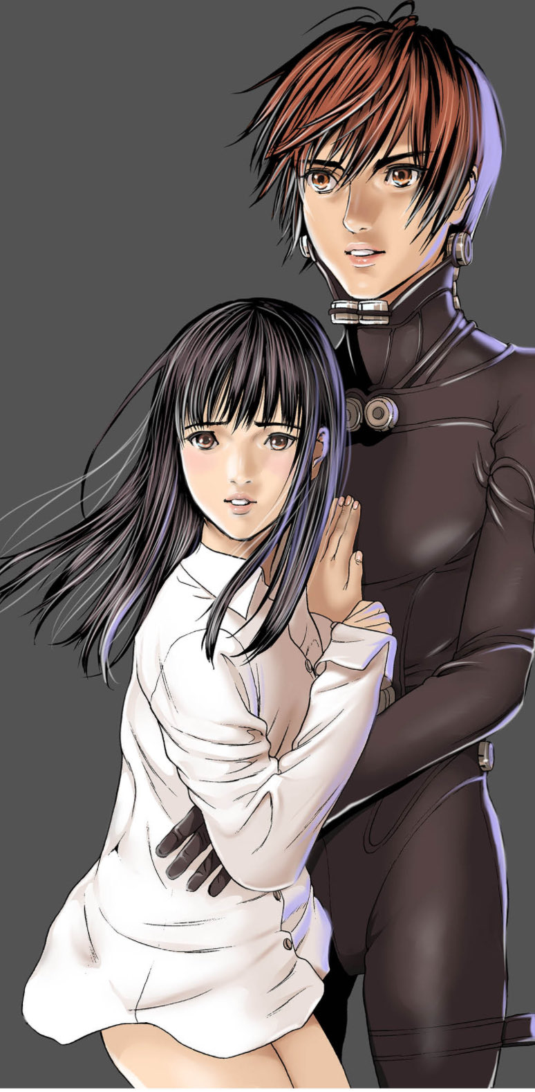 1boy, 1girl, belt, black_bodysuit, black_hair, bodysuit, breasts, brown_eyes