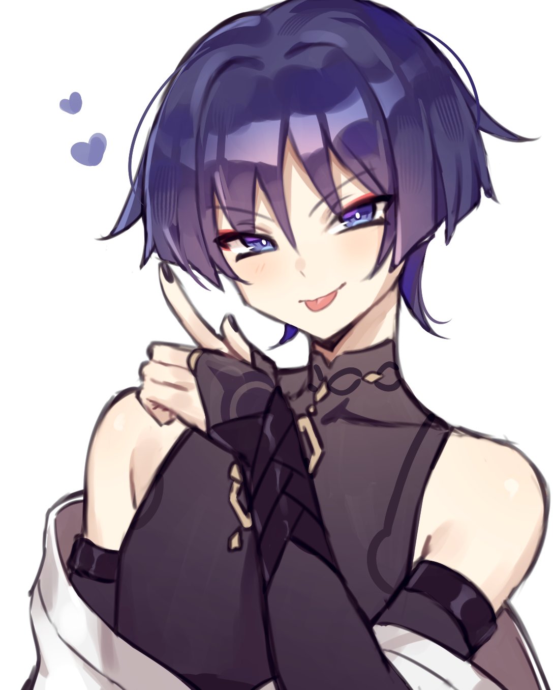 1boy, :p, armor, armpit_crease, bare_shoulders, black_bodysuit, black_bridal_gauntlets, black_nails