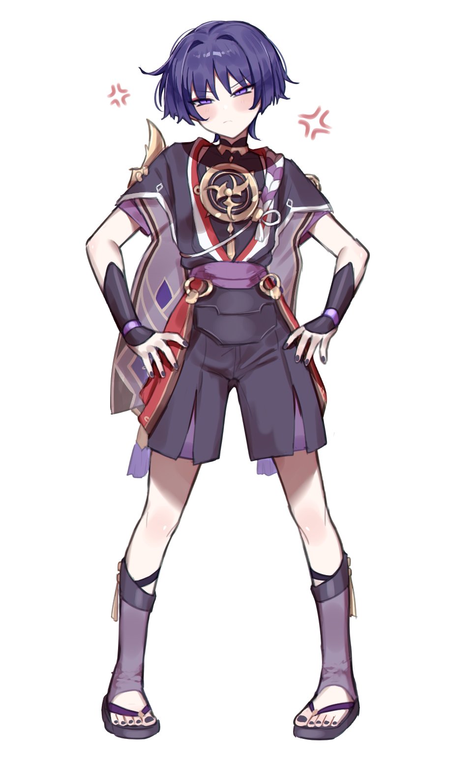 1boy, anger_vein, armor, black_bodysuit, black_sandals, black_shorts, black_sleeves, black_trim