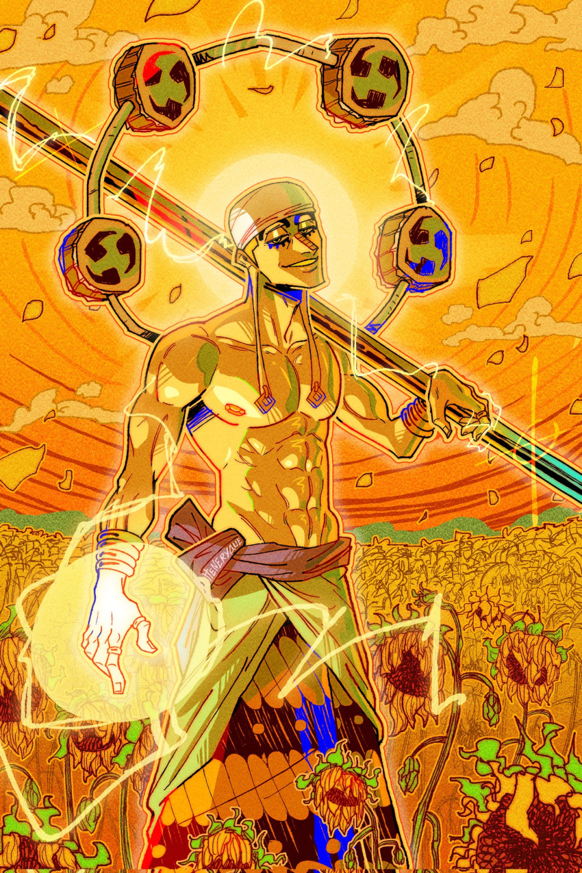 1boy, abs, bandana, drum, electricity, enel, field, flower