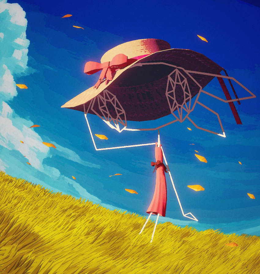 1girl, blue_sky, bow, commentary, dress, english_commentary, grass, hand_on_headwear