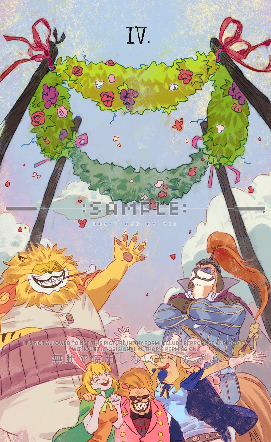 2girls, 3boys, ^_^, arm_up, capelet, carrot_(one_piece), closed_eyes, commentary