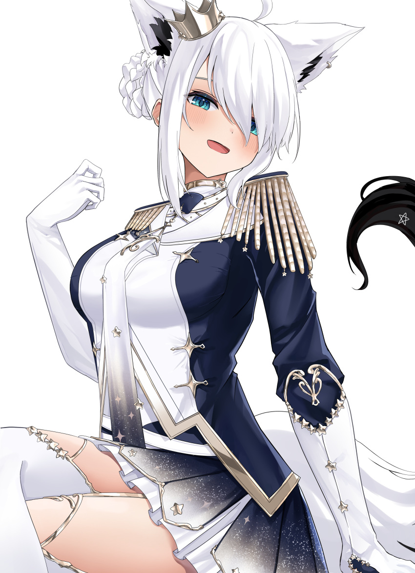 1girl, absurdres, ahoge, animal_ear_fluff, animal_ears, aqua_eyes, blush, boots, braid, breasts, cape, choumiryou, commentary_request, crown, double_bun, epaulettes, extra_ears, fox_ears, fox_girl, fox_tail, fur-trimmed_cape, fur_trim, garter_belt, gloves, hair_between_eyes, hair_bun, highres, hololive, jacket, jewelry, looking_at_viewer, medium_breasts, mini_crown, official_alternate_costume, official_alternate_hairstyle, pentagram, red_cape, shirakami_fubuki, shirakami_fubuki_(fbkingdom), sidelocks, simple_background, single_braid, skirt, smile, solo, sword, tail, thigh-highs, thigh_boots, virtual_youtuber, weapon, white_background, white_gloves, white_hair, white_jacket, white_skirt, white_thighhighs