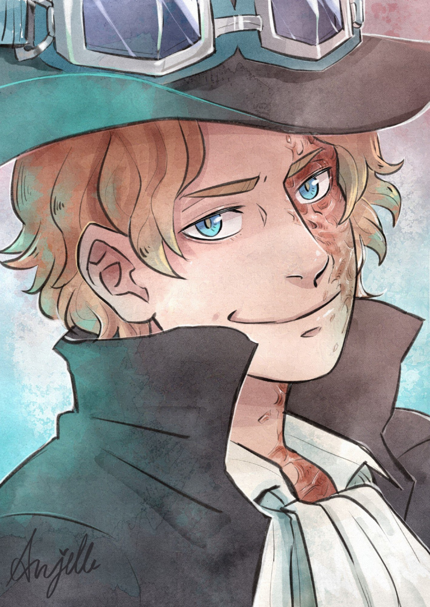 1boy, anjeiie, ascot, black_coat, blonde_hair, blue_eyes, coat, commentary, english_commentary, goggles, goggles_on_headwear, hat, high_collar, highres, looking_at_viewer, male_focus, one_piece, sabo_(one_piece), scar, scar_on_face, short_hair, signature, smile, solo, wavy_hair, white_ascot