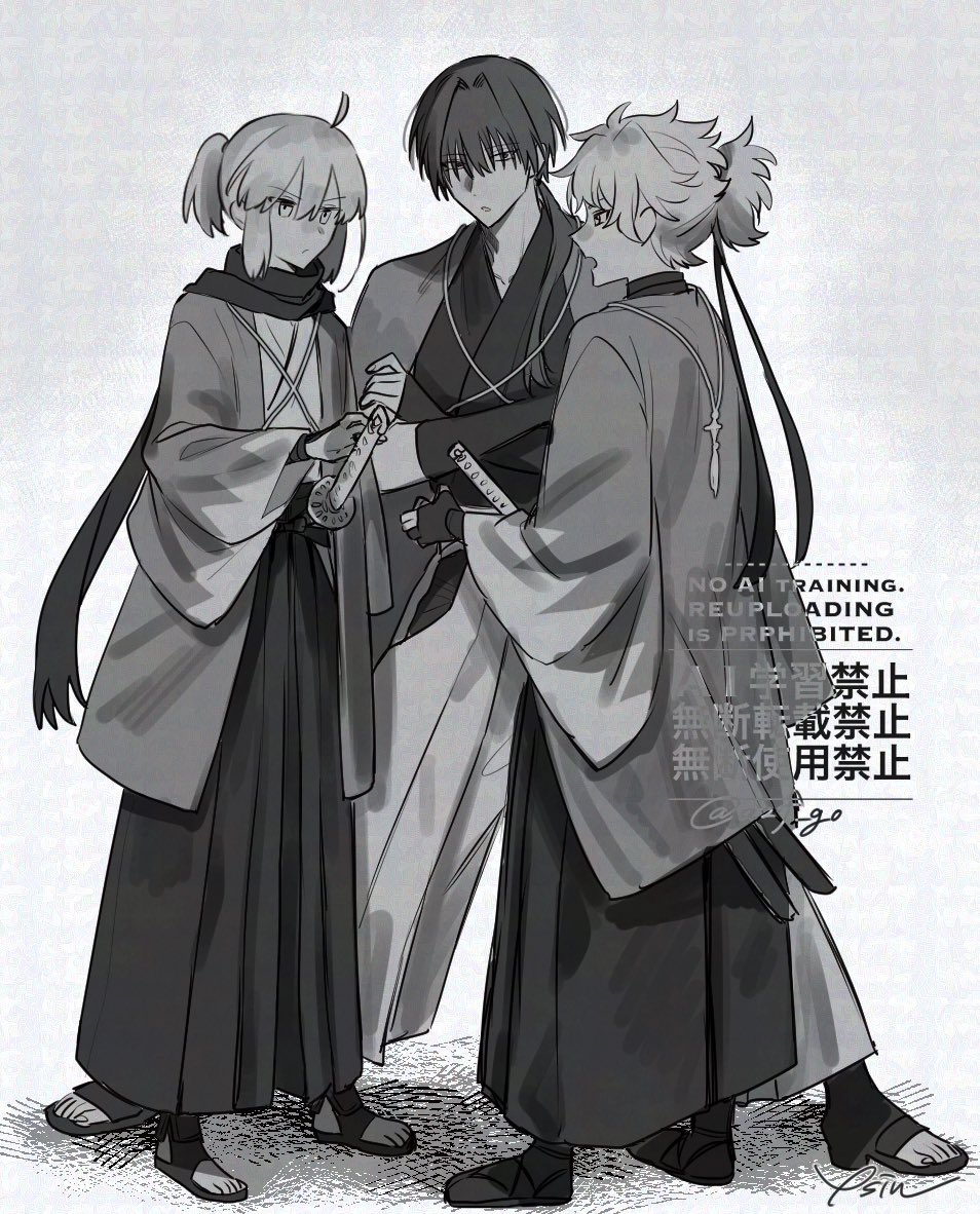 1girl, 2boys, ahoge, arm_guards, azf_go, black_hakama, black_scarf, crossed_arms, fate/grand_order, fate_(series), gloves, greyscale, hair_intakes, hair_over_shoulder, hakama, haori, haori_on_shoulders, harada_sanosuke_(teal_haori_and_hakama)_(fate), height_difference, high_ponytail, japanese_clothes, katana, kimono, long_hair, low_ponytail, monochrome, multiple_boys, okita_souji_(fate), okita_souji_(teal_haori_and_hakama)_(fate), partially_fingerless_gloves, ponytail, sandals, scarf, sheath, sheathed, shinsengumi_(fate), short_ponytail, sidelocks, sword, tasuki, toudou_heisuke_(fate), toudou_heisuke_(third_ascension)_(fate), waraji, watermark, weapon, white_hakama, white_kimono