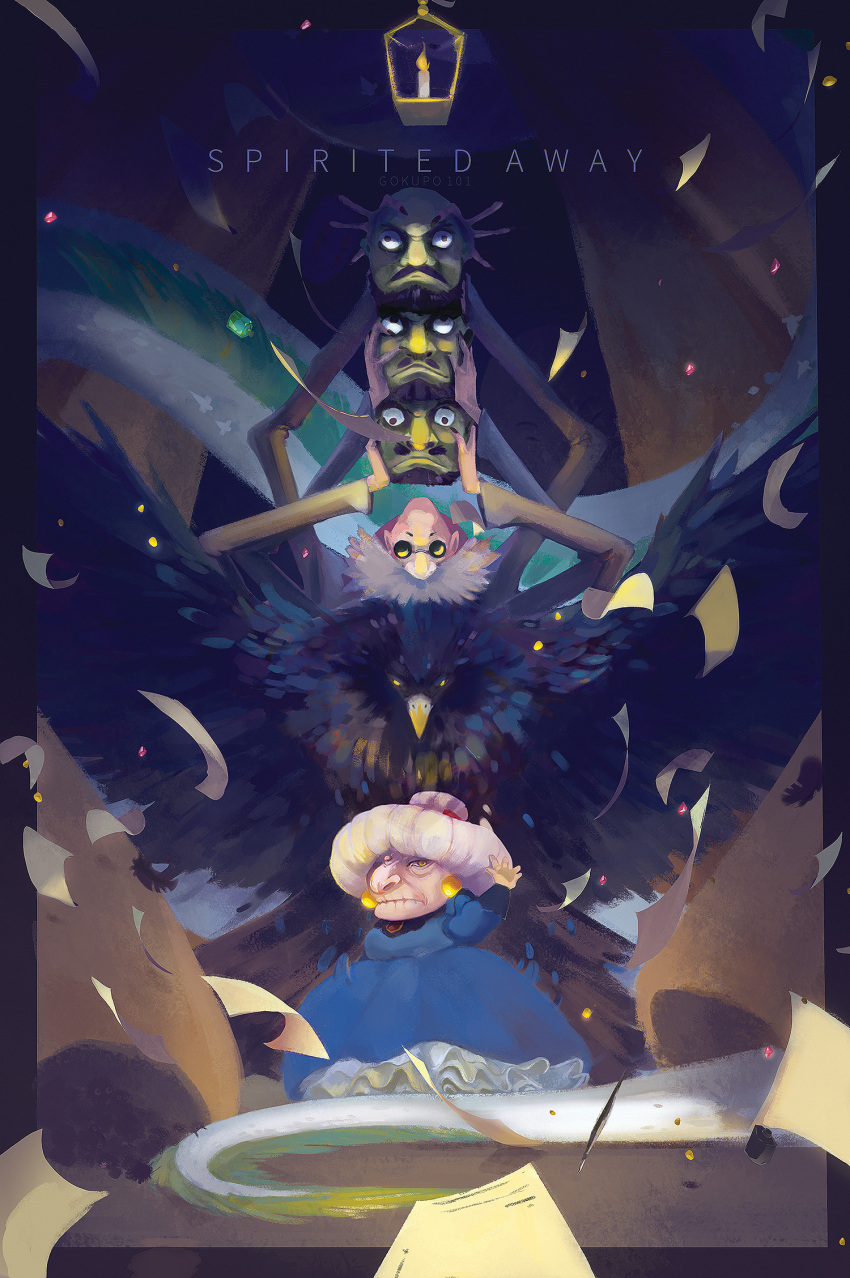 1girl, artist_name, bald, beard, bird, blue_dress, candle, closed_mouth