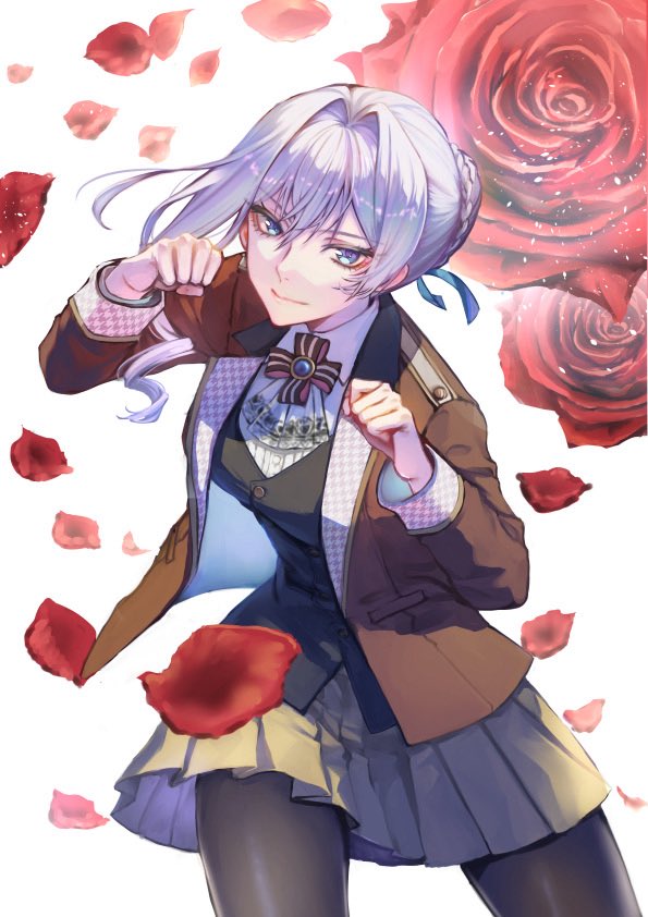 1girl, black_pantyhose, black_vest, blue_eyes, breasts, brown_jacket, brown_skirt, clenched_hands
