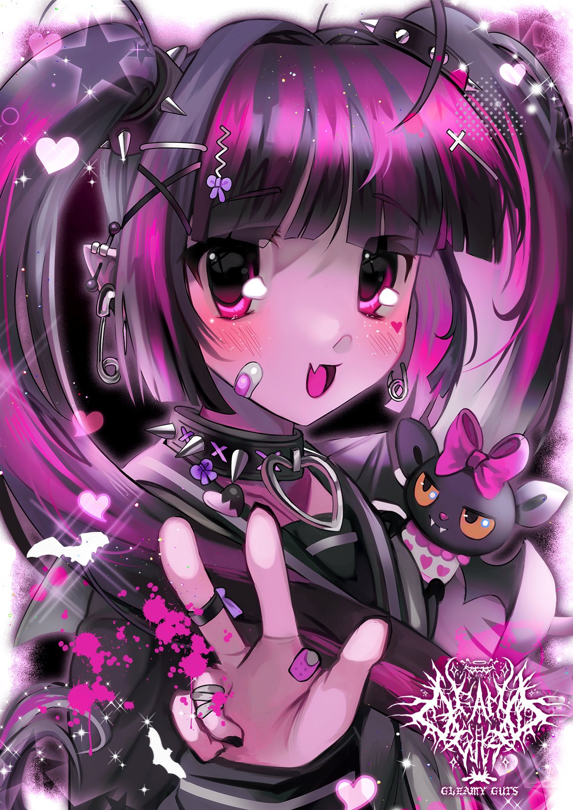 1girl, 2000s_(style), bat_(animal), black_hair, black_serafuku, choker, colored_skin, commentary, count_fabulous, draculaura, fang, faux_retro_artstyle, gleamyguts, highres, long_hair, looking_at_viewer, monster_high, monster_high_(g1), multicolored_hair, open_mouth, pink_eyes, pink_hair, pink_skin, school_uniform, serafuku, skin_fang, smile, solo, spiked_choker, spikes, twintails, vampire, w, watermark