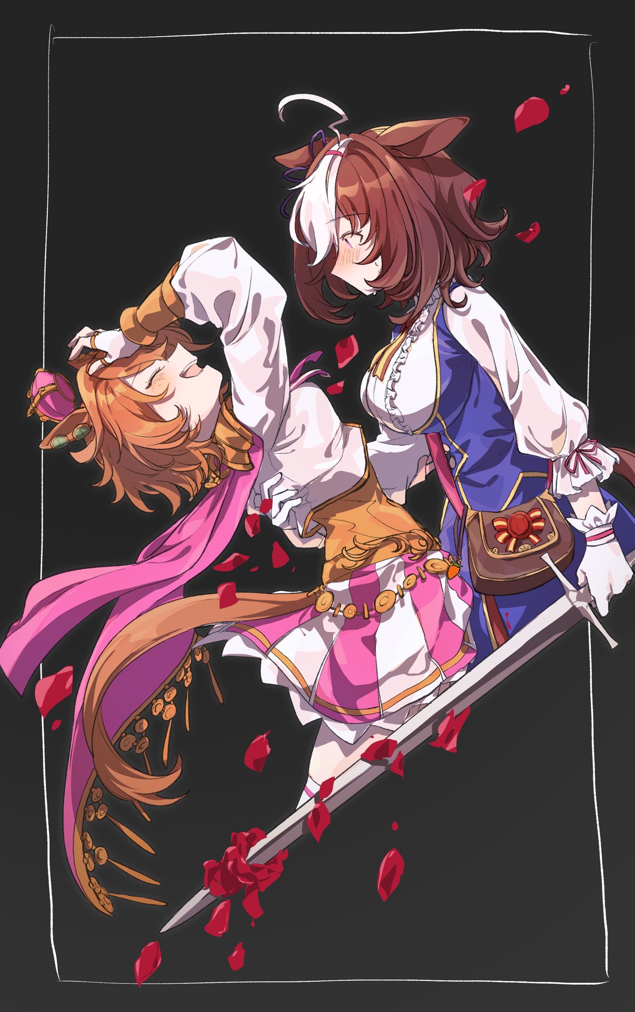 2girls, ahoge, amano_(amano_miko), animal_ears, arm_around_waist, armor, bag, between_breasts