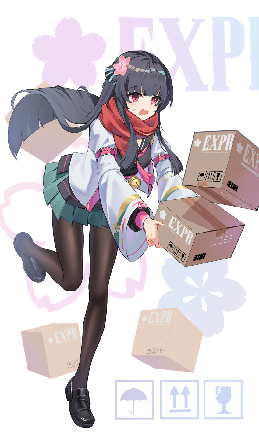 1girl, :o, absurdres, black_hair, black_shirt, blush, dropped_object, flower, full_body, girls'_frontline_2:_exilium, girls_frontline, green_skirt, hair_flower, hair_ornament, highres, iras17514, jacket, leaning_forward, long_hair, open_clothes, open_jacket, pantyhose, pink_eyes, pink_flower, pleated_skirt, red_eyes, red_scarf, sakura_(girls'_frontline_2), scarf, shirt, skirt, solo, standing, standing_on_one_leg, surprised, tripping, very_long_hair