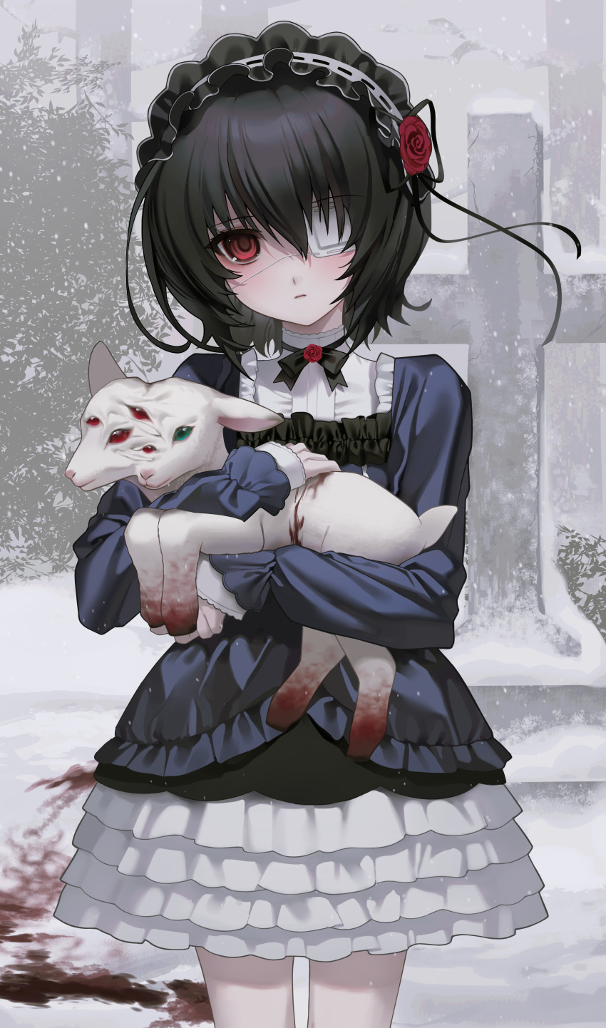 1girl, absurdres, animal, another, baby_animal, black_dress, black_hair, black_hairband