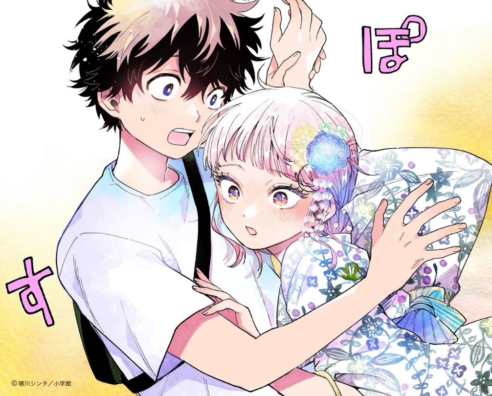 1boy, 1girl, blunt_bangs, flower, hair_flower, hair_ornament, harekawa_shinta, hug