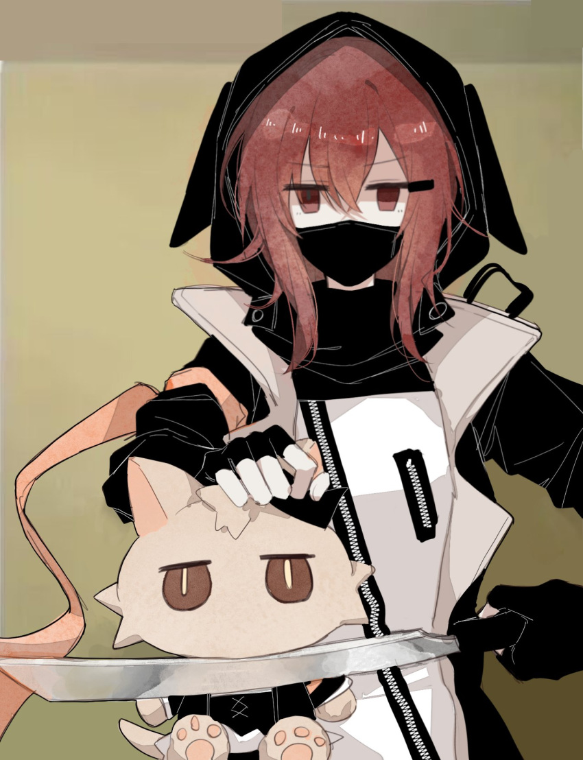 1girl, animal_ear_hood, animal_ears, arknights, armband, at_knifepoint, black_gloves, black_jacket