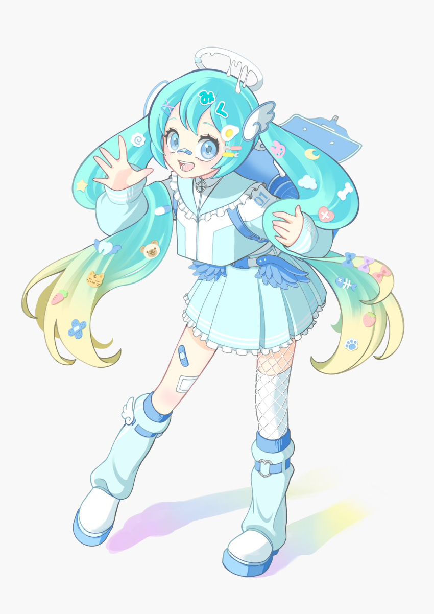 1girl, alternate_costume, aqua_hair, blue_eyes, blue_jacket, blue_leg_warmers, blue_skirt, commentary_request