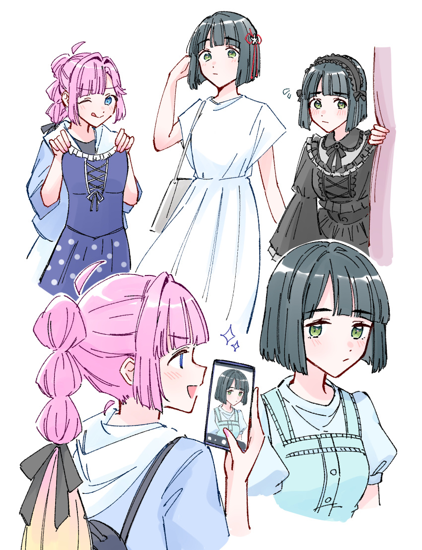 2girls, ;q, ahoge, anyoji_hime, black_dress, black_hair, black_hairband, black_ribbon