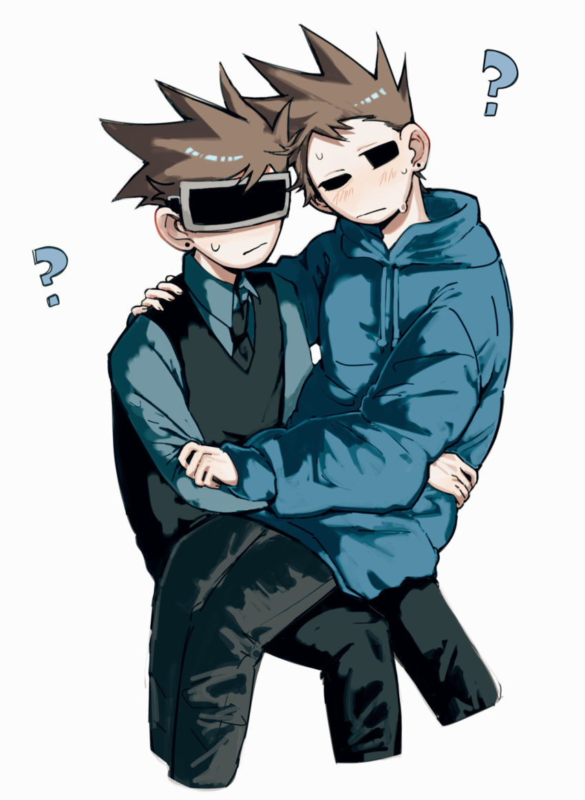 2boys, ?, black_necktie, black_pants, black_vest, blue_hoodie, blue_shirt, blush