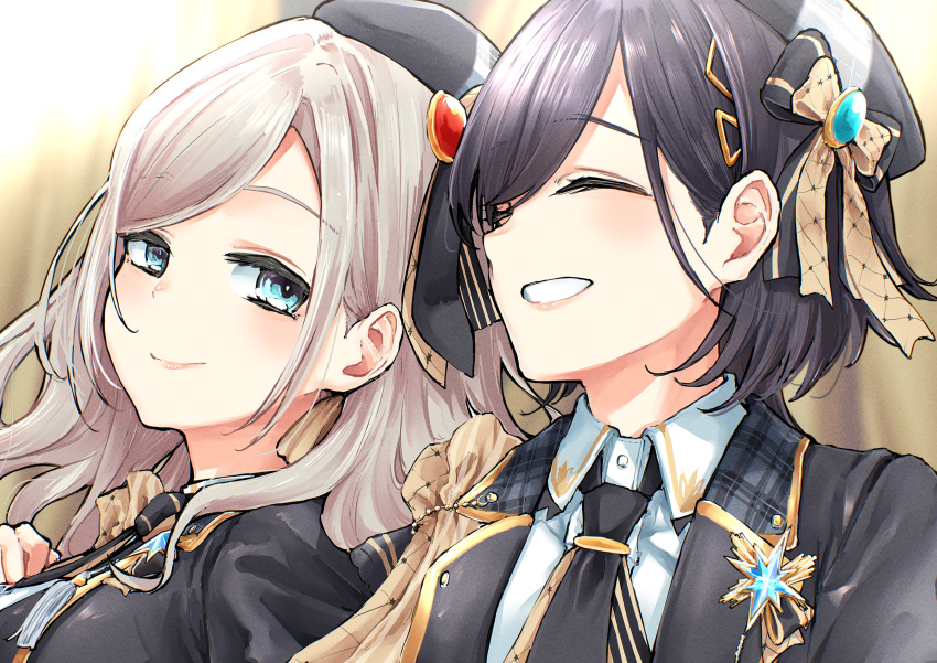 2girls, ^_^, absurdres, beret, black_bow, black_hair, black_hat, black_jacket