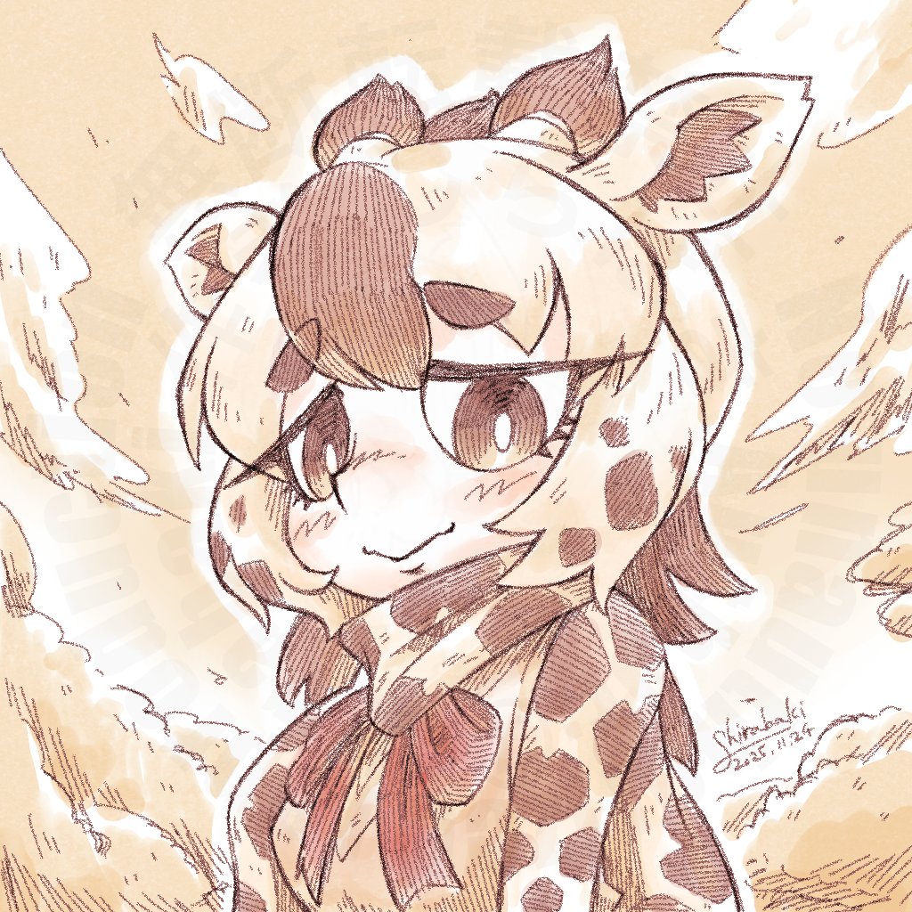 1girl, angolan_giraffe_(kemono_friends), animal_ears, animal_print, cardigan, clouds, giraffe_ears, giraffe_girl