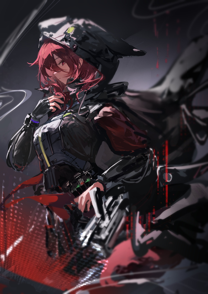 1girl, absurdres, animal_ear_hood, animal_ears, arknights, black_background, black_cape, black_gloves