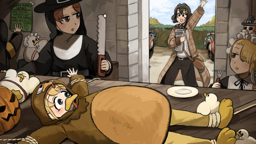 5girls, :d, animal_costume, animal_on_head, bird, black_hair, blonde_hair, blue_eyes, bound, brown_coat, brown_eyes, brown_hair, cat, cat_on_head, chicken, clumsy_nun_(diva), coat, cowboy_hat, diva_(hyxpk), duck, english_commentary, fork, froggy_nun_(diva), hair_over_one_eye, hat, hedge, highres, holding, holding_newspaper, holding_saw, hungry_nun_(diva), jack-o'-lantern, little_nuns_(diva), multiple_girls, newspaper, nun, on_head, plate, pumpkin, reporter_(diva), saw, smile, spicy_nun_(diva), tied_up_(nonsexual), traditional_nun, turkey_(bird), turkey_costume, yellow_eyes