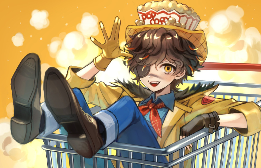 1boy, 37mimi_aim, :d, asymmetrical_gloves, blue_overalls, blue_shirt, brown_gloves, brown_hair