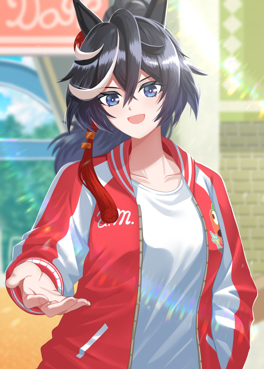 1girl, absurdres, animal_ears, bbreaad, black_hair, blue_eyes, blush, breasts