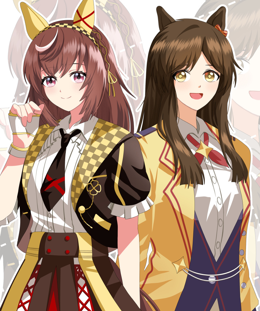 2girls, absurdres, animal_ears, bbreaad, black_jacket, black_necktie, blue_vest, blush