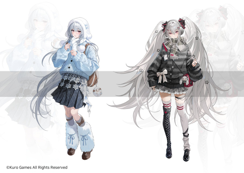 2girls, alternate_costume, asymmetrical_legwear, backpack, bag, boots, bow, chungla