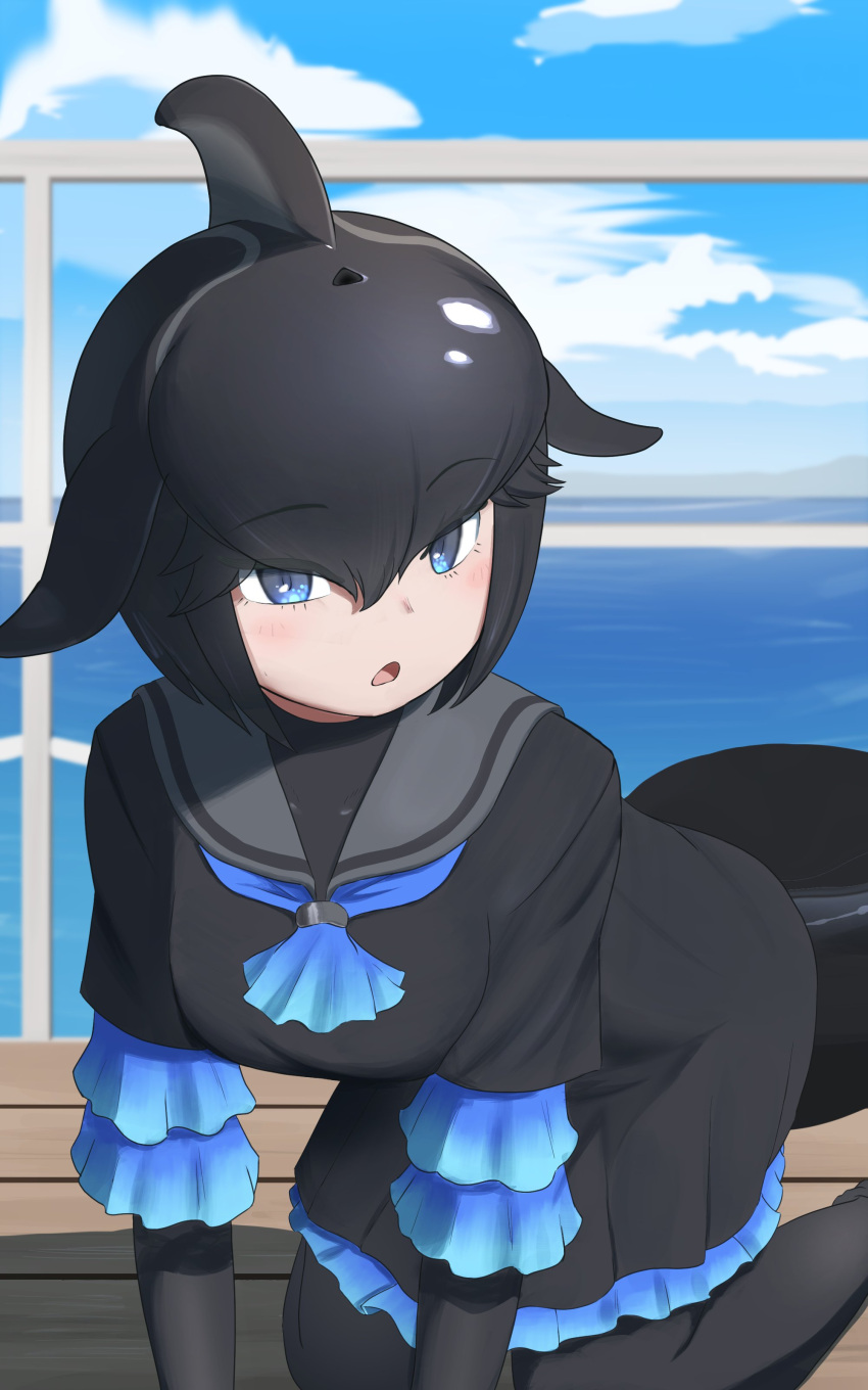 1girl, absurdres, all_fours, black_dress, black_gloves, black_hair, black_pantyhose, blowhole