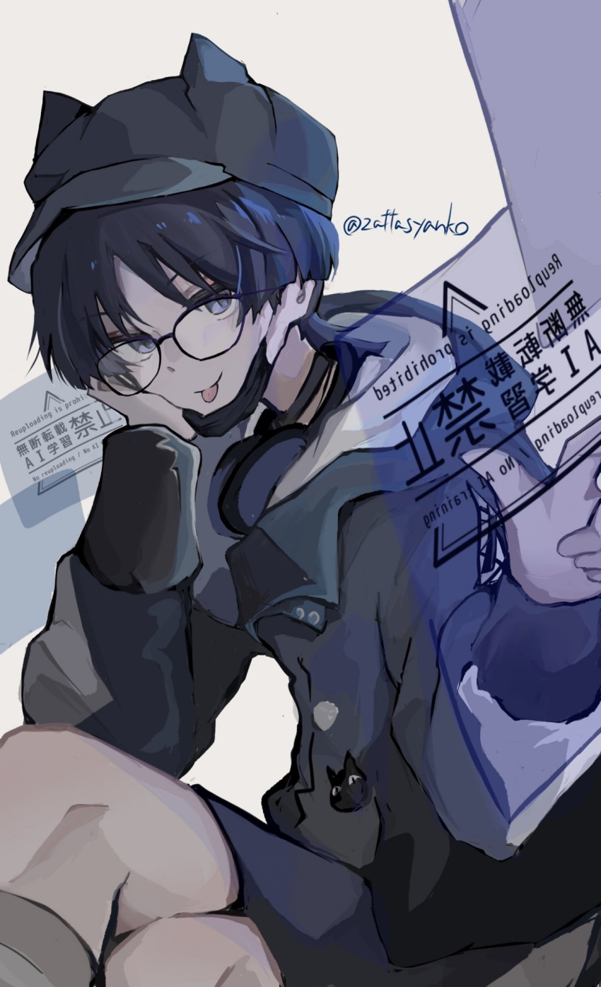 1boy, alternate_costume, animal_hat, bespectacled, black-framed_eyewear, black_hair, black_hat, black_jacket