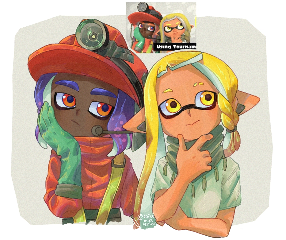 1boy, 1girl, :/, ariamikukanzaki, blonde_hair, blue_hair, braid, commentary
