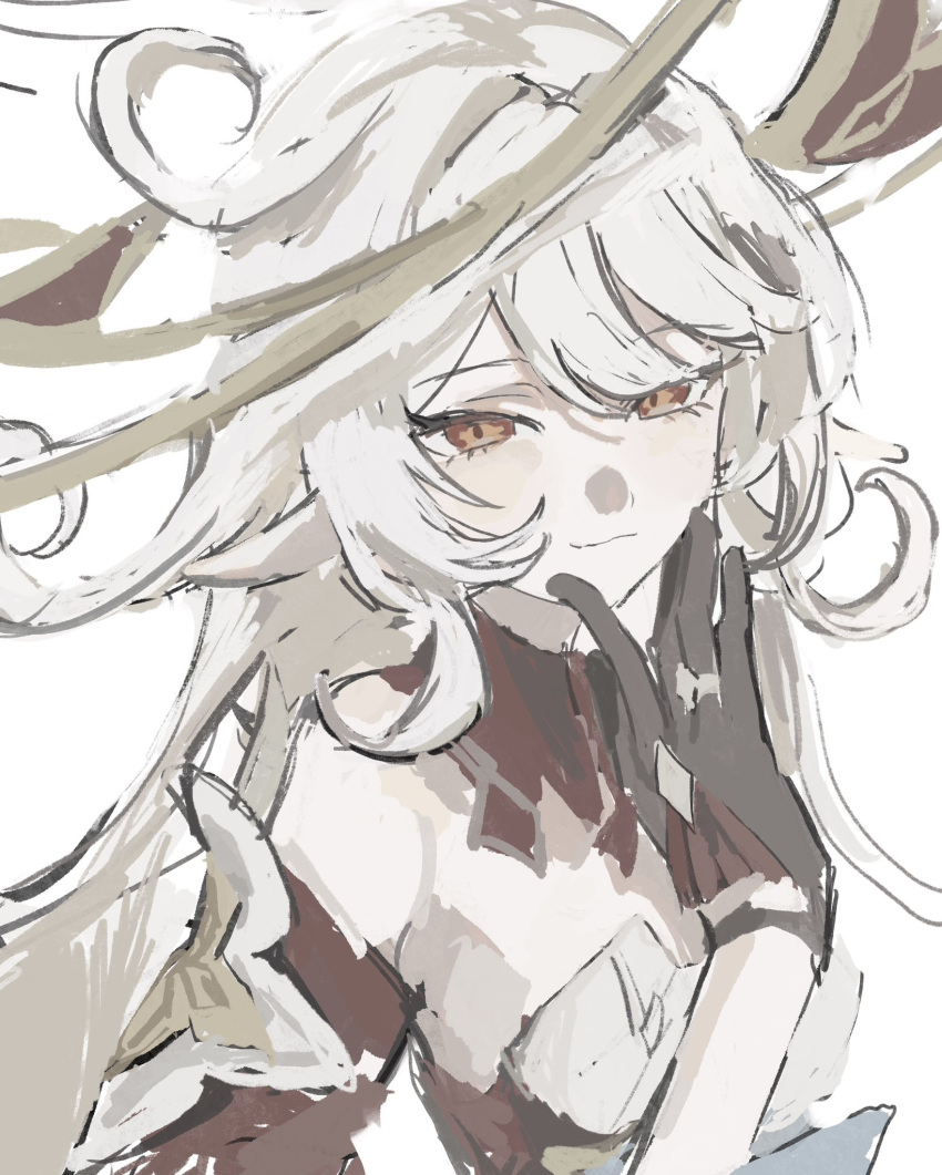 1girl, alice_(genshin_impact), black_gloves, blonde_hair, closed_mouth, collar, cowlick, detached_collar