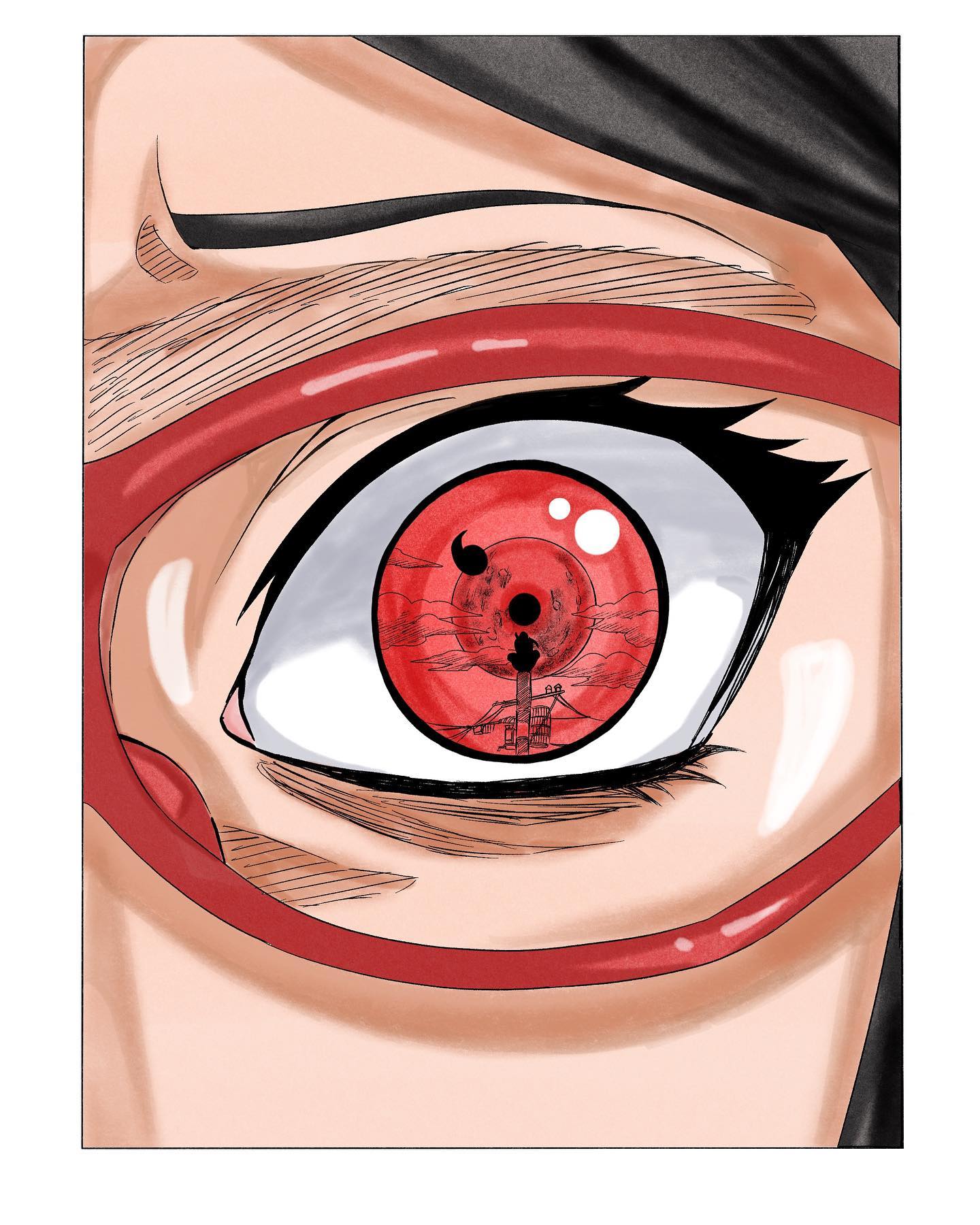 1girl, black_hair, boruto:_naruto_next_generations, brentonsart, close-up, commentary, english_commentary, eye_focus, eye_reflection, glasses, hatching_(texture), highres, naruto_(series), red-framed_eyewear, red_eyes, reflection, solo, uchiha_sarada