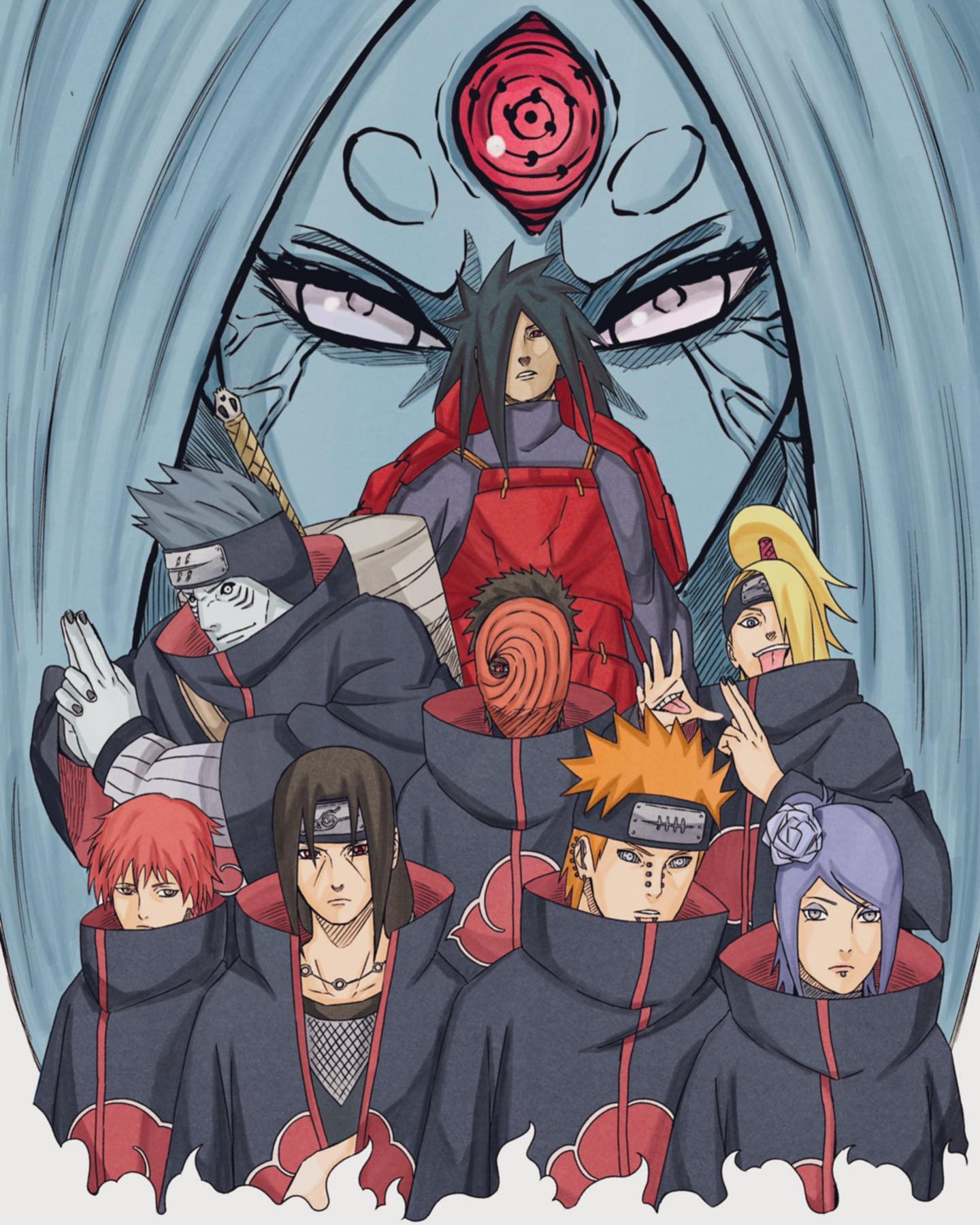 2girls, 6+boys, akatsuki_(naruto), akatsuki_uniform, armor, black_coat, black_hair, black_headband