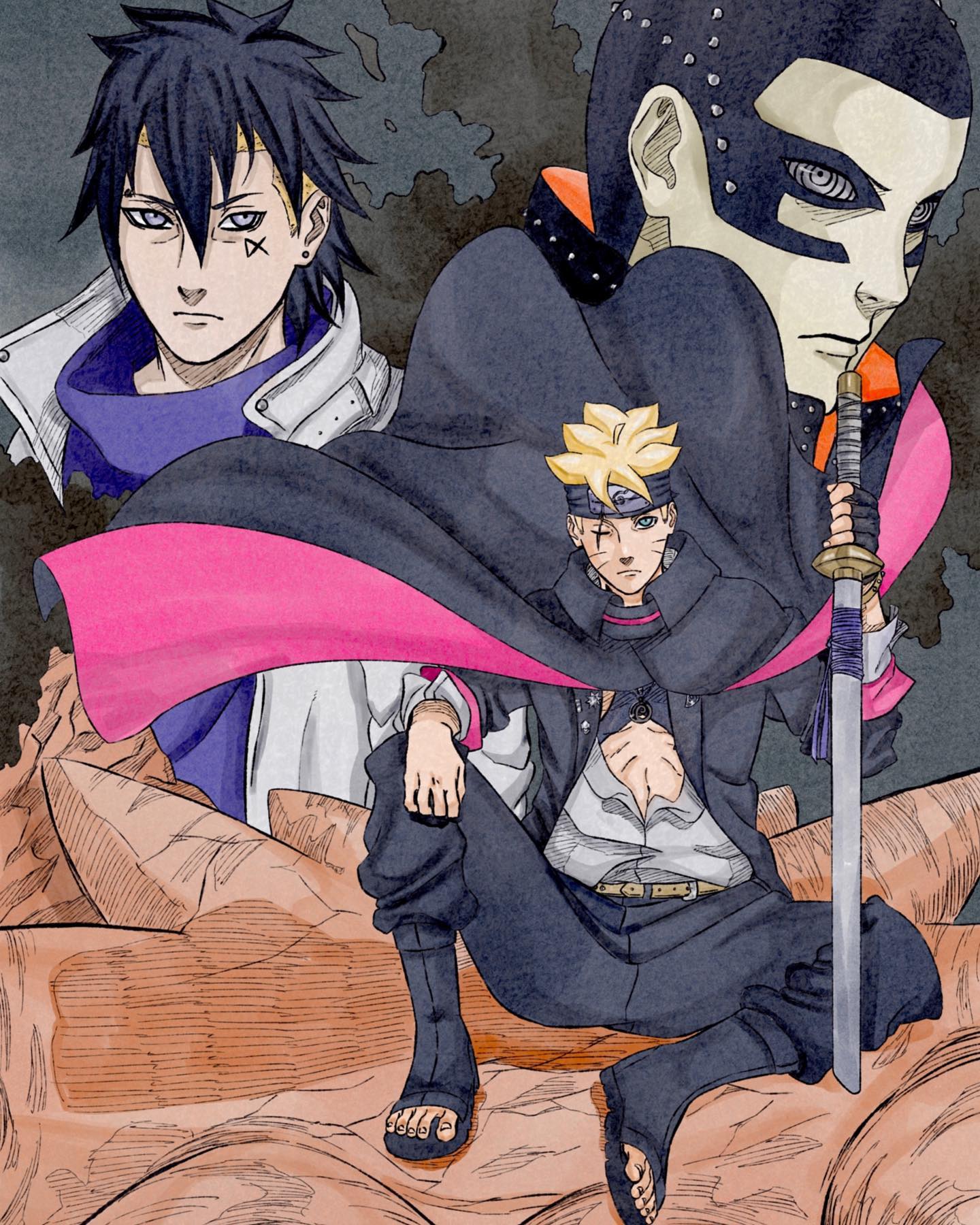 3boys, black_boots, black_cape, black_hair, black_headband, blonde_hair, blue_eyes, boots, boruto:_two_blue_vortex, brentonsart, cape, coat, commentary, earrings, english_commentary, facial_mark, forehead_protector, frown, grey_eyes, headband, highres, holding, holding_sword, holding_weapon, jewelry, kawaki_(boruto), male_focus, multicolored_hair, multiple_boys, naruto_(series), one_eye_closed, open-toe_boots, partially_unbuttoned, rinnegan, ryu_(boruto), scar, scar_across_eye, scar_on_face, serious, sitting, stud_earrings, sword, two-sided_cape, two-sided_fabric, two-tone_hair, undercut, uzumaki_boruto, weapon, whisker_markings, white_coat