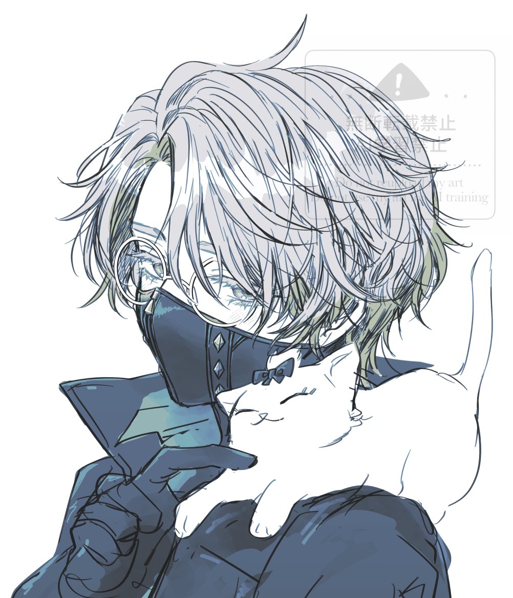 1boy, aesop_carl, aesop_carl_(iridescence), animal_on_shoulder, black_gloves, black_jacket, cat, cat_on_shoulder, colored_eyelashes, eyelashes, glasses, gloves, grey_eyes, grey_hair, identity_v, jacket, looking_at_viewer, male_focus, mask, mouth_mask, official_alternate_costume, partially_colored, portrait, round_eyewear, solo, suyapipi, watermark