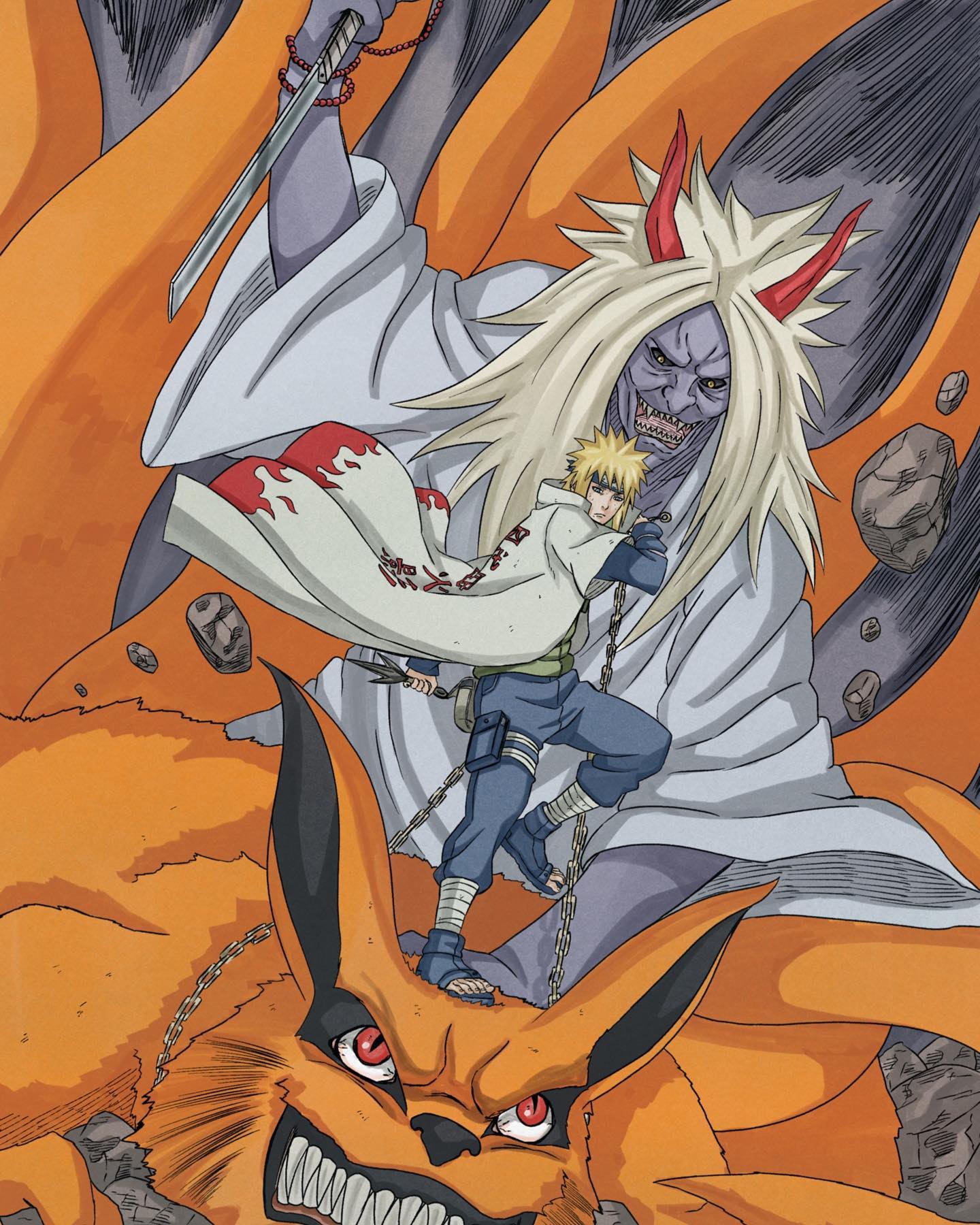 2boys, black_headband, blonde_hair, blue_pants, brentonsart, chain, coat, colored_skin, commentary, demon_horns, dual_wielding, english_commentary, flak_jacket, forehead_protector, grey_skin, headband, highres, holding, holding_knife, holding_sword, holding_weapon, horns, jacket, kitsune, knife, kurama_(naruto), long_hair, male_focus, multiple_boys, namikaze_minato, naruto_(series), open-toe_shoes, open_mouth, pants, pouch, red_eyes, red_horns, reverse_grip, robe, rock, sharp_teeth, shinigami_(naruto), slit_pupils, sword, teeth, weapon, white_coat, white_hair, white_robe