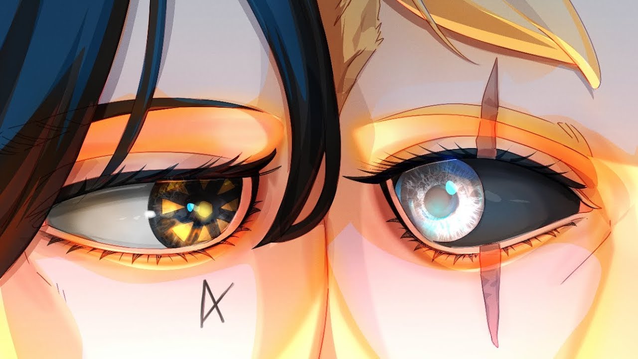 2boys, black_hair, black_sclera, blonde_hair, boruto:_two_blue_vortex, cheek-to-cheek, close-up, colored_sclera, commentary, drawink, english_commentary, eye_focus, eyelashes, facial_mark, heads_together, jougan, kawaki_(boruto), kokugan, making-of_available, male_focus, multiple_boys, naruto_(series), scar, scar_across_eye, scar_on_face, uzumaki_boruto, white_eyes, yellow_eyes