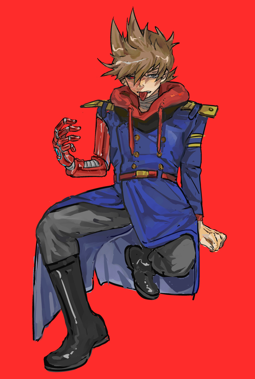 1boy, absurdres, animification, bandaged_neck, bandages, belt, black_boots, black_sclera, blue_coat, boots, brown_hair, burn_scar, buttons, coat, colored_sclera, drawstring, eddsworld, future_tord_(eddsworld), grey_eyes, grey_pants, hair_ears, heterochromia, highres, hood, hood_down, hoodie, kuangzihaixing, long_coat, long_sleeves, male_focus, mechanical_arms, mismatched_sclera, pants, red_background, red_belt, red_eyes, red_hoodie, scar, scar_on_face, short_hair, simple_background, single_mechanical_arm, sitting, solo, tongue, tongue_out, tord_(eddsworld)