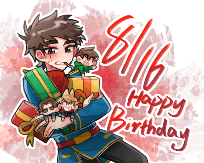 1boy, animification, beard_stubble, belt, birthday, black_pants, blue_coat, box