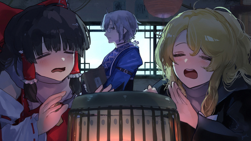 1boy, 2girls, absurdres, ascot, bare_shoulders, black_choker, black_coat, blonde_hair