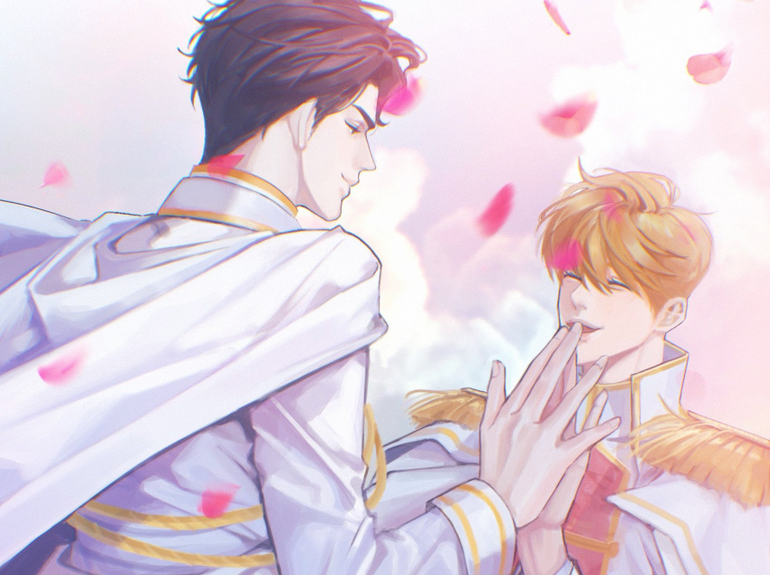 2boys, blonde_hair, cape, epaulettes, falling_petals, gold_trim, highres, imgeun