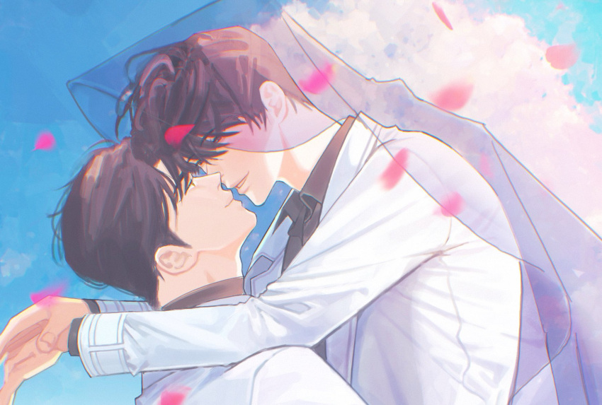 2boys, black_hair, black_shirt, cloak, coat, collared_shirt, day, elbow_on_another's_shoulder, falling_petals, highres, hood, hood_up, hooded_cloak, imgeun, imminent_kiss, kim_dokja, male_focus, multiple_boys, omniscient_reader's_viewpoint, open_clothes, open_coat, outdoors, petals, secretive_plotter, see-through_clothes, shirt, short_hair, smile, white_coat, yaoi, yoo_joonghyuk