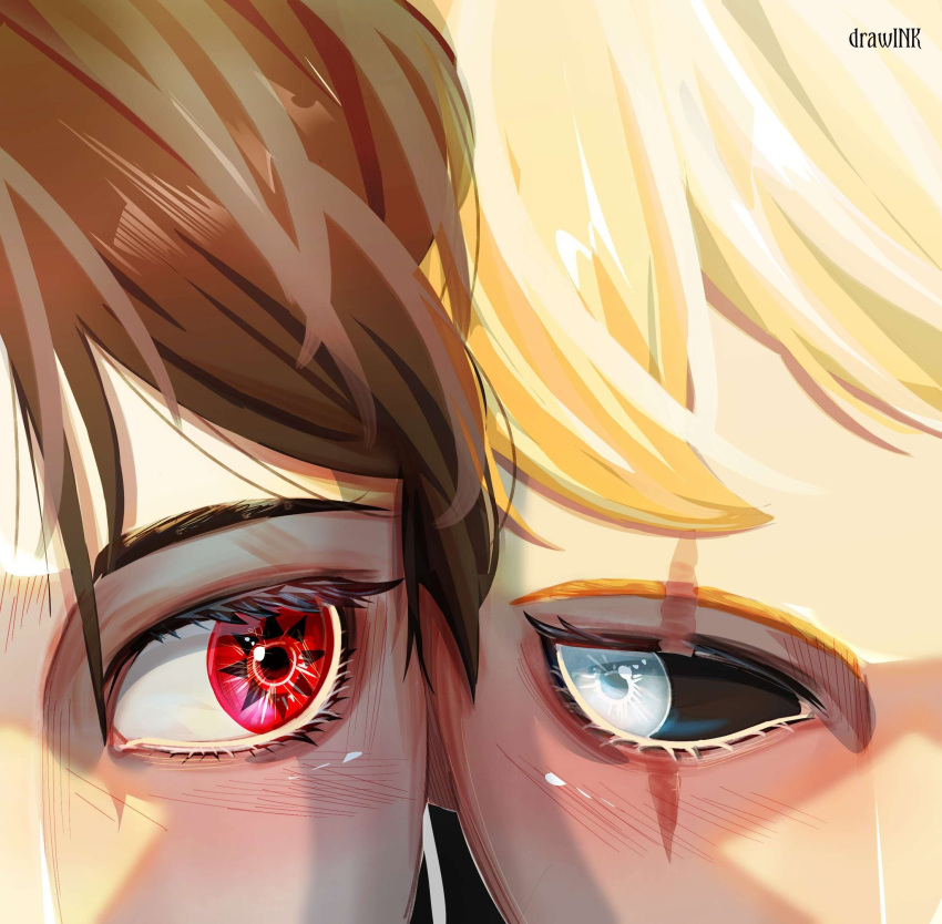 1boy, 1girl, artist_name, black_hair, black_sclera, blonde_hair, blush, boruto:_two_blue_vortex