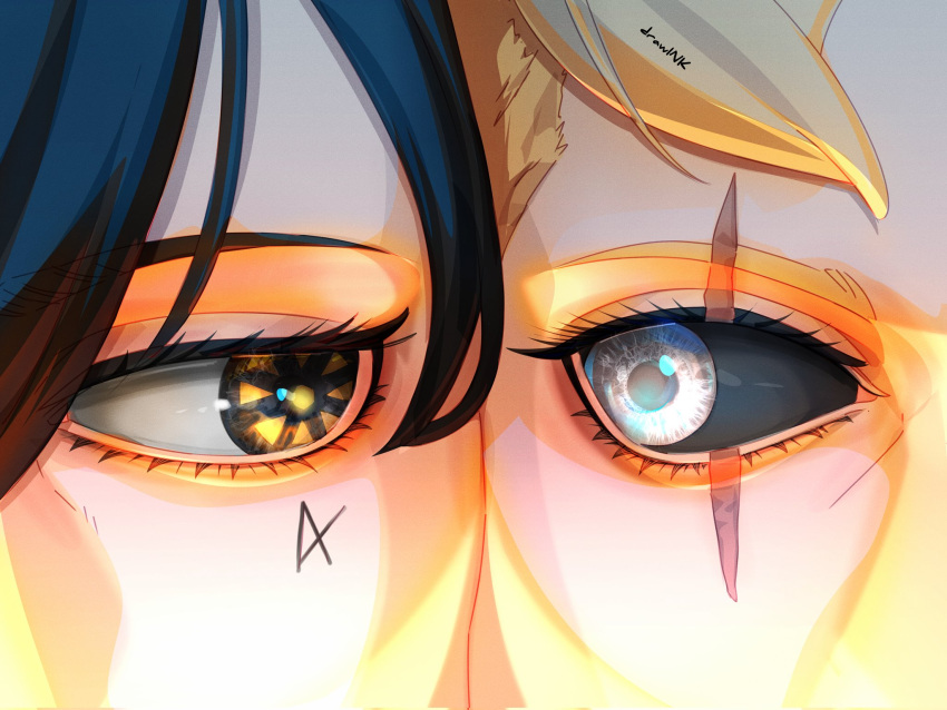 2boys, black_hair, black_sclera, blonde_hair, boruto:_two_blue_vortex, cheek-to-cheek, close-up, colored_sclera, commentary, drawink, eye_focus, eyelashes, facial_mark, heads_together, highres, jougan, kawaki_(boruto), kokugan, making-of_available, male_focus, multiple_boys, naruto_(series), scar, scar_across_eye, scar_on_face, signature, uzumaki_boruto, white_eyes, yellow_eyes